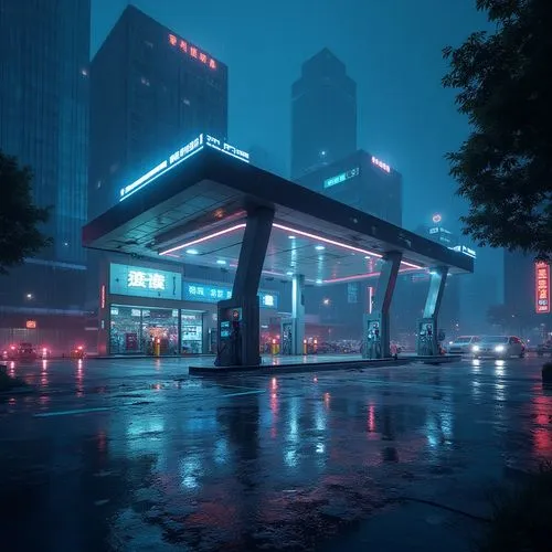 gas station,electric gas station,e-gas station,retro diner,forecourt,rain bar,tokyo,city corner,rainy,busstop,bus stop,shanghai,dallas,guangzhou,cybercity,urban,polara,atmospheres,citgo,kamurocho,Photography,General,Realistic