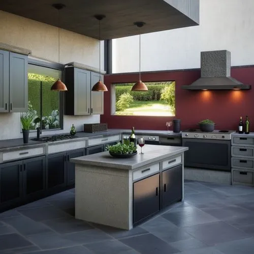 Modern,black ,flower pots,green, wine ,concrete,materials,iron,view of tree, stone,tile kitchen,kitchen design,modern kitchen interior,modern kitchen,kitchen interior,dark cabinets,granite counter top