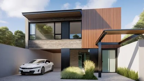 a modern house with a car parked in the driveway,modern house,modern architecture,3d rendering,landscape design sydney,fresnaye,smart house,Photography,General,Realistic