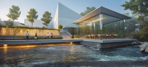  AREA DE COMEDOR CON MESAS,PERSONAS, VENTANALES DE CRISTAL CON PANTALLAS DIGITALES, MOSTRAR COLUMNAS CIRCUALRES DE ACERO AL CARBON
,a building is designed to look like a building,aqua studio,acquarium