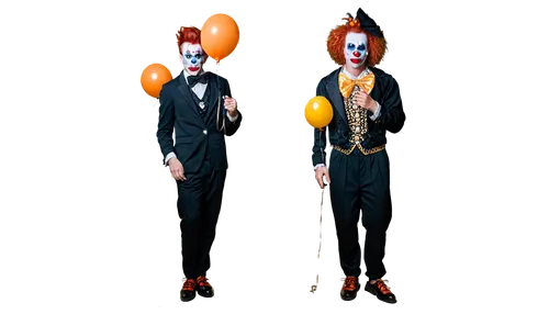 Creepy male clown, pale skin, red nose, painted-on smile, messy orange hair, colorful oversized clothing, baggy pants, large shoes, holding a balloon animal, sinister gaze, dim lighting, close-up shot