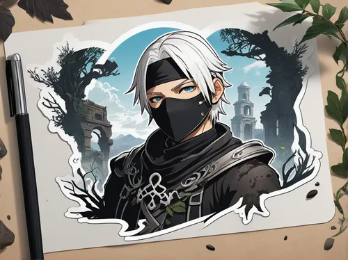 kakashi hatake,raven rook,bandana background,portrait background,edit icon,custom portrait,smoke background,leaf background,shinobi,forest background,assassin,vector graphic,cartoon ninja,bandit,autumn icon,forest man,rein,3d crow,mercenary,vector art,Unique,Design,Sticker