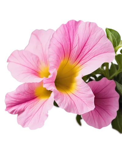 Petunia flower, pink petals, delicate trumpet shape, yellow center, soft focus, blurred background, close-up shot, natural light, shallow depth of field, vibrant color tone, detailed texture, gentle c