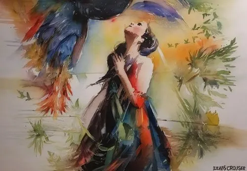 black macaws sari,fairy peacock,watercolor women accessory,bird painting,chinese art,boho art,girl in a long dress,watercolor painting,flower and bird illustration,bird of paradise,rosella,fashion ill