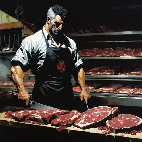 butcher shop,meat counter,butcher,dryaged,galloway beef,meat products,meat analogue,butchery,steaks,meat kane,meat cutter,red meat,cold cuts,meats,kobe beef,steakhouse,churrasco food,raw meat,smoked beef,omnivore,Illustration,American Style,American Style 06