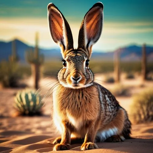 Desert landscape, jackrabbit, symbolic, spiritual, gentle eyes, long ears, fluffy fur, strong hind legs, fast movement, moonlight, starry night sky, cacti, sand dunes, mystic atmosphere, ancient wisdo