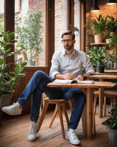 Leisurely sitting, male architect, Peter Fawcett, 40s, bespectacled, short brown hair, beard, casual wear, white shirt, dark blue jeans, sneakers, holding a notebook, pencil in hand, architectural des