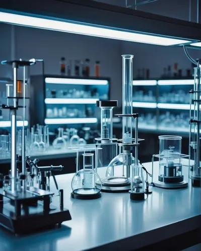 Stable diffusion, futuristic laboratory, sleek metal tables, various sci-fi equipment, beakers, test tubes, petri dishes, microscopes, laptops, wires, LED lights, minimalist background, modernistic am