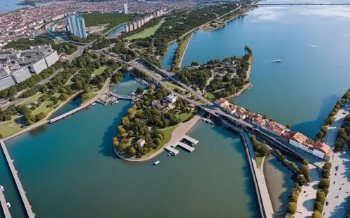 Aerial view of the city, river,danube bridge,petrzalka,malopolska breakthrough vistula,donau,viadana,port on the danube,danube lock,danube bank,szeged,hakeim,vistula,regensburg,danube,rheinpark,saone,