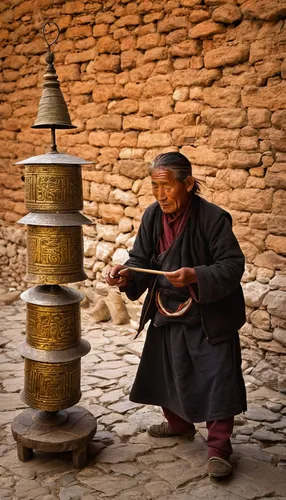 Tibetan man spinning prayer wheel, Lo Manthang, Upper Mustang. Late in the afternoon each day, most of the residents of the small capital city would turn out to walk kora, circumambulating the perimet