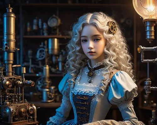 Ghibli-inspired AI, futuristic robotic girl, intricate mechanical details, glowing blue circuits, long curly silver hair, big brown eyes with thick eyelashes, porcelain doll-like skin, Victorian-era i