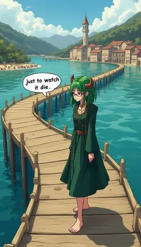 Draw in anime style: a long curved wooden dock that curves into the distance with a byzantine city in the background. the people in the background are wearing Byzantine clothing. A nerdy, glasses-wear