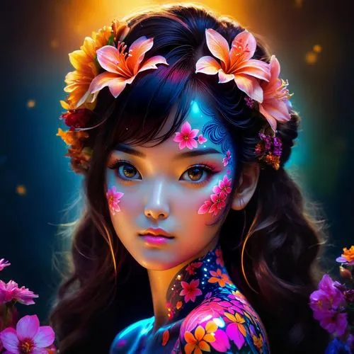 a girl with 2 flowers in hair,a woman with flowers in her hair,fantasy portrait,mongolian girl,geisha girl,beautiful girl with flowers,flower fairy,fairie