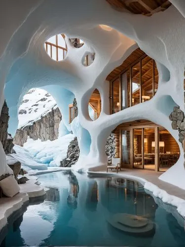 A luxury lodge built directly into a glacier, with walls made of reinforced glass allowing guests to see the ice formations surrounding them. The design incorporates geothermal heating, with hot sprin