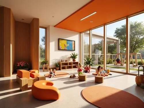 school design,mid century modern,3d rendering,children's interior,interior modern design,cohousing,modern living room,daylighting,mid century house,oticon,family room,sunroom,renderings,render,contemporary decor,modern room,modern decor,midcentury,clubroom,smart house