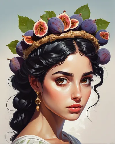 white background, beautiful black-haired girl typical of Sicily with a crown of figs on her head, ,jasmine-flowered nightshade,jasmine blossom,acerola,girl in a wreath,jasmine flowers,jasmine flower,j