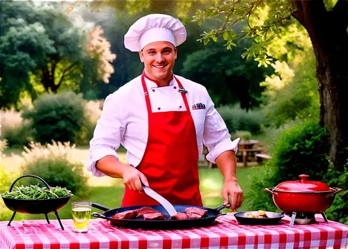 Outdoor cookout scene, sunny afternoon, warm light, chef's hat, apron, utensils, sizzling meat, colorful vegetables, wooden table, red-and-white checkered cloth, wine glasses, rustic outdoor setting, 