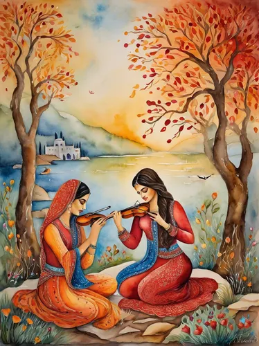 janmastami,saraswati veena,radha,khokhloma painting,indian art,romantic scene,mantra om,krishna,serenade,rudra veena,the flute,ramayan,hare krishna,pongal,diwali festival,ramayana,woman playing,indigenous painting,dancing couple,veena,Illustration,Paper based,Paper Based 24