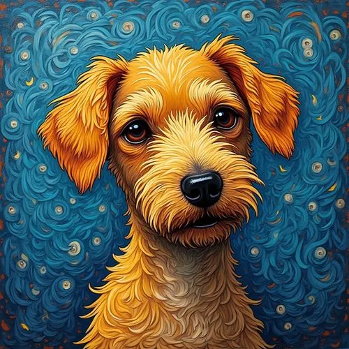 Dog with swirling, Van Gogh-style fur patterns,the painting is showing a small dog's face,pet portrait,schnauzer,gogh,irish terrier,dog drawing,animal portrait