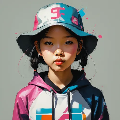 Girl in sportswear, youthful, wearing a hat，by Cory Loftis,girl wearing hat,kids illustration,digital painting,vector girl,girl portrait,tiktok icon,world digital painting,illustrator,girl with speech