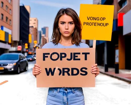 Protestor, young adult, casual wear, holding sign, serious expression, messy brown hair, minimal makeup, worn-out shoes, urban background, warm lighting, shallow depth of field, realistic texture, cin