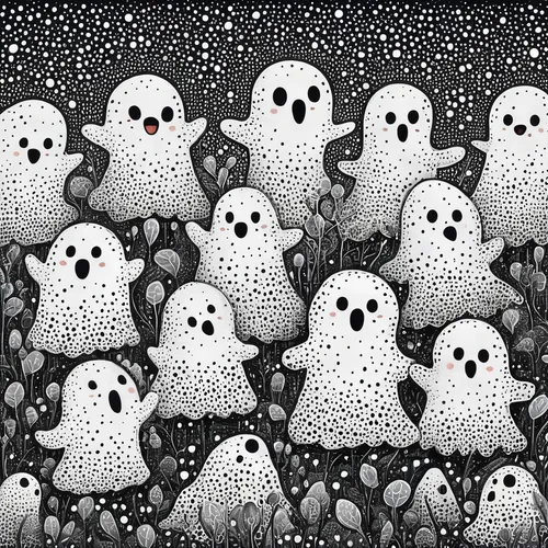 Cute ghosts Halloween, Yayoi Kusama style, minimal, pointillism,halloween ghosts,ghosts,halloween illustration,halloween wallpaper,halloween line art,neon ghosts,halloween background,ghost pattern,hal