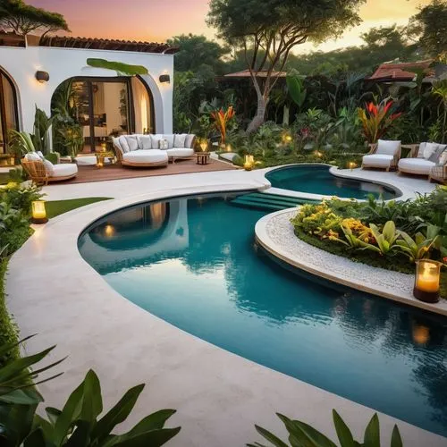 Modern landscaped garden, luxurious villa, Mediterranean style, curved lines, symmetrical composition, lush greenery, various exotic plants, vibrant flowers, tranquil water features, small pond, stepp