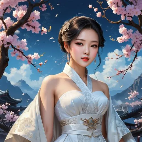 japanese sakura background,plum blossoms,plum blossom,oriental princess,geisha,geisha girl,chun,apricot blossom,the cherry blossoms,japanese woman,white blossom,cherry blossoms,hanfu,the plum flower,yangmei,hanbok,oriental girl,sakura background,oriental painting,diaochan,Unique,Design,Character Design