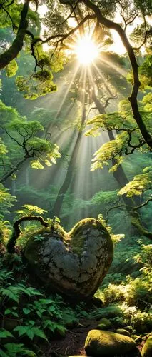 In the midst of a dense forest, a glowing sun casts a warm glow on the surrounding trees. "Go loving the world, my love grace be upon the planet as it reaches out and creates a colossal beauty, who do