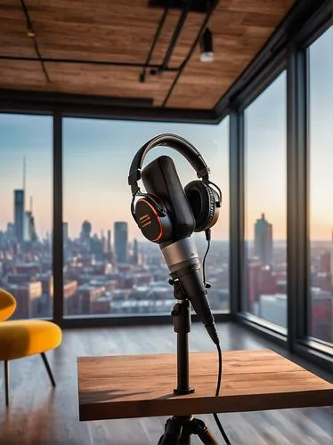 Modern studio, microphone, headphones, sound mixer, trendy interior design, industrial chic, wooden accents, metal framework, floor-to-ceiling windows, cityscape view, professional hosts, casual poses