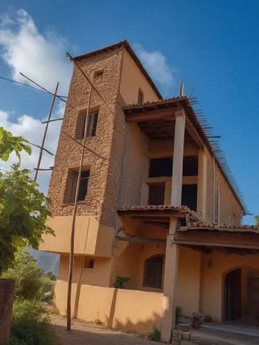 an adobe building has large columns and wood windows,ghazaryan,nakhchivan,traditional building,traditional house,kataev,old house,Photography,General,Realistic