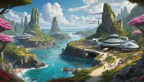 futuristic landscape,fantasy landscape,an island far away landscape,imperial shores,artificial island,alien world,ancient city,mushroom island,fantasy world,terraforming,atlantis,oasis,floating islands,mushroom landscape,fantasy picture,peninsula,valerian,fairy world,fantasy city,artificial islands,Conceptual Art,Sci-Fi,Sci-Fi 24