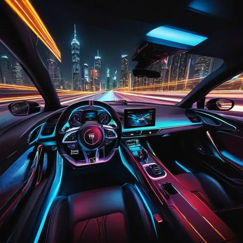 SRT sports car, dashboard, speedometer, leather steering wheel, racing seats, metallic pedals, carbon fiber trim, sleek design, futuristic interior, neon lights, cityscape at night, highway, fast moti