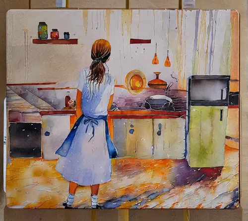 girl in the kitchen,cooking book cover,kitchen,kitchen work,watercolor painting,watercolor tea,watercolor cafe,tile kitchen,girl walking away,watercolor background,the kitchen,coffee watercolor,choppi