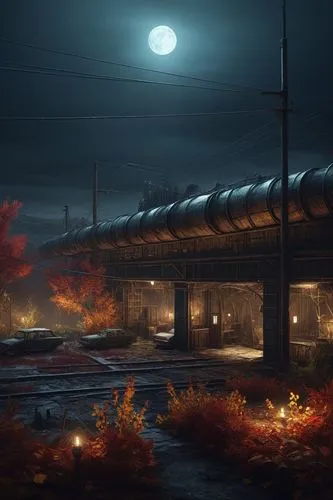 halloween background,railroad station,autumn background,night scene,halloween scene,industrial landscape,autumn scenery,rivertown,branchline,autumn camper,the train station,train depot,train station,northrail,refineries,trainshed,autumn theme,moonlit night,the autumn,voorheesville,Photography,Artistic Photography,Artistic Photography 12