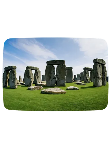 Ancient Stonehenge, daytime, sunny weather, blue sky, green grass, giant stones, mysterious atmosphere, 360-degree panoramic view, wide-angle lens, dramatic lighting, warm color tone, historic landmar