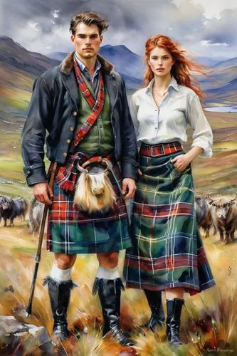 highland crofters in tartan


,a painting of a man and woman wearing scottish costume,scotsmen,scottish,highlanders,scotswoman,kilts,scots,Illustration,Paper based,Paper Based 11