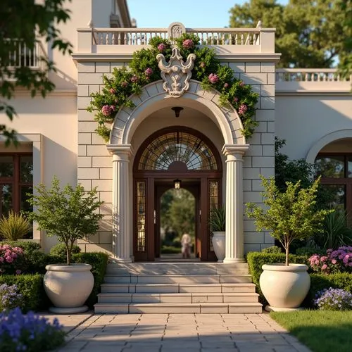 Whimsical clinic facade, ornate Victorian details, soft pastel colors, delicate filigree patterns, grand entrance archways, elegant columns, intricate stonework, lush greenery, blooming flowers, natur