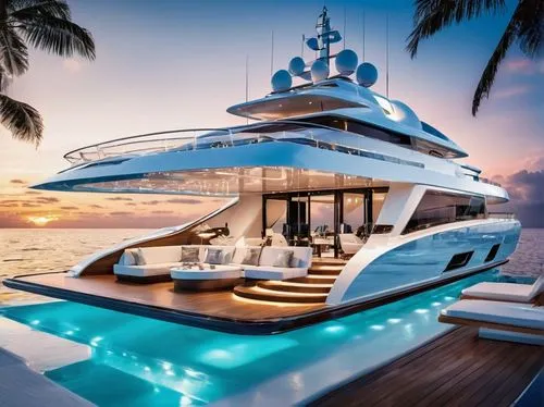 Futuristic yacht, sleek design, naval architecture, white hull, silver trim, glass windows, open deck, luxury lounge chairs, parasol, wooden floor, chrome railings, spotlights, LED lights, ocean waves