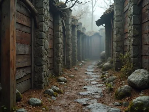 Rustic stone walls, weathered wooden planks, distressed metal sheets, rough-hewn boulders, organic rock formations, earthy terrain, moss-covered outcrops, lichen-encrusted stones, foggy misty atmosphe