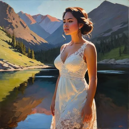 bridalveil,girl on the river,oil painting,romantic portrait,girl in a long dress,girl in white dress,world digital painting,the bride,oil painting on canvas,wedding dress,digital painting,painting technique,oil on canvas,bride,bridal,zhulin,vettriano,serene,bridal dress,daines,Conceptual Art,Fantasy,Fantasy 08