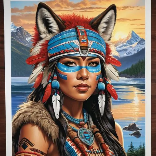 gorgeous award winning photorealistic masterpiece ultra detailed 8k hyperrealistic portrait master illustration of a Pacific Northwest Native American Tlingit female warrior wearing a traditional wood