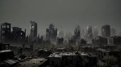 post-apocalyptic landscape,destroyed city,post-apocalypse,post apocalyptic,apocalyptic,desolation,wasteland,dystopian,human settlement,necropolis,scorched earth,doomsday,environmental destruction,blac