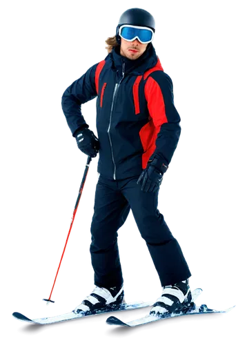 Ski mask, transparent background, winter sport theme, athletic young man, dynamic pose, goggles on forehead, wind-swept hair, rosy cheeks, red lips, black ski jacket, snow pants, gloves, ski boots, ac