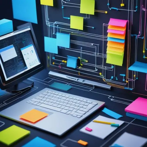 Modern application architecture diagram, futuristic background, minimalist whiteboard, colorful sticky notes, sleek lines connecting components, 3D boxes representing servers, databases, APIs, clouds,