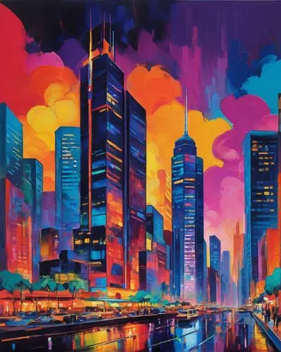 colorful city,cityscape,guangzhou,city skyline,city scape,cityscapes,city at night,chicago skyline,skyscrapers,shanghai,city cities,metropolis,fantasy city,megapolis,sky city,evening city,city lights,art painting,the city,cybercity,Conceptual Art,Oil color,Oil Color 25