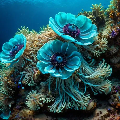 macrophotograph, beautiful bioluminescent blue glow quantum  sea anemones on the reef, natural lighting, light-focused, amateur shot,blue anemones,blue anemone,anemones,anemone of the seas,sea anemone