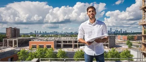 Volunteer architect, young adult, casual wear, jeans, white shirt, sneakers, holding blueprints, standing in front of a half-built community center, urban setting, sunny day, clear blue sky, few scatt