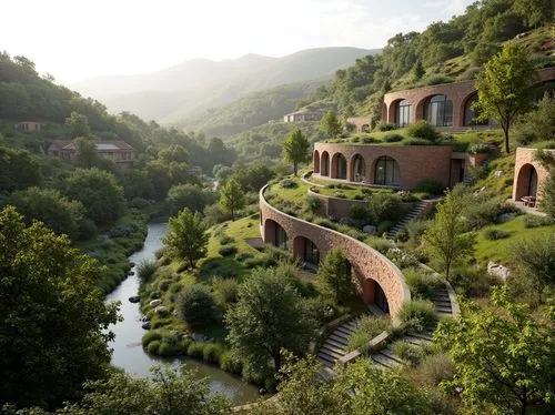 Harmonious landscape integration, rolling hills, lush green forests, meandering streams, serene water features, natural stone walls, earthy tones, organic architecture, curved lines, fluid shapes, sus