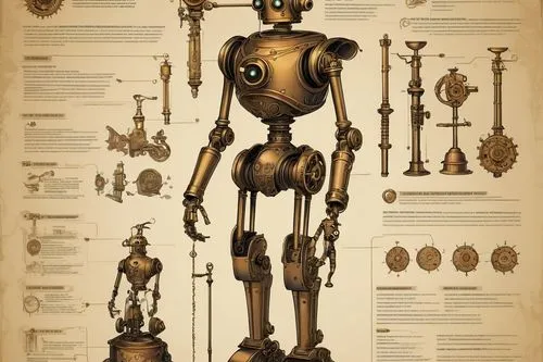 A character design sheet of a steampunk automaton with a human-like appearance, slender figure, color: Bronze, black and gold, comic art style,roboticist,steampunk,anatomist,automaton,mechanoid,automa